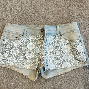 Denim Jean shorts lace floral pattern fringe